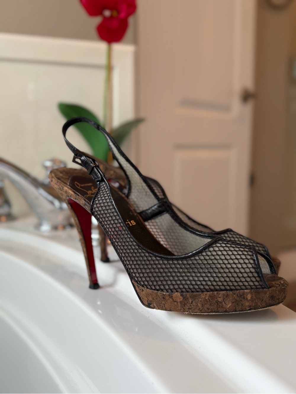 Christian Louboutin Cork Fishnet Mesh Slingback Red Sole Heels EU 40